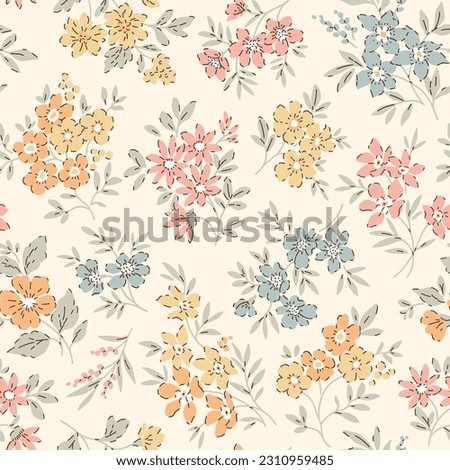 Vintage seamless floral pattern. Ditsy style background of small flowers. Small blooming flowers scattered over a ivory background. Stock vector for printing on surfaces and web design. Royalty-Free Stock Photo #2310959485
