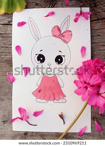 
cute illustration of a hare in a pink dress with flowers