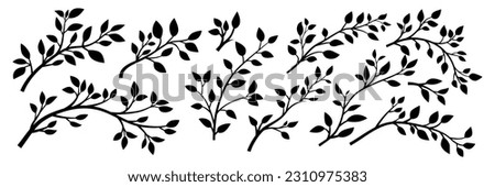 Tree Brunch Silhouettes Icon Set Isolated. Black and White Twig with Leaves Collection. Design Decorative Elements. Spring, Summer Leaves, Brunches, Plants, Leaves, Herbs. Vector Illustration Royalty-Free Stock Photo #2310975383