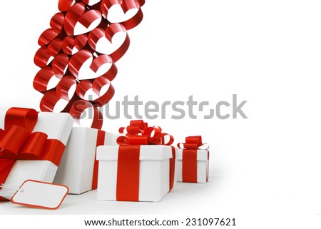 Gifts in white boxes with red ribbons and hearts isolated on white background
