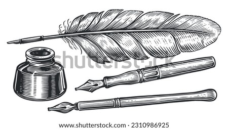 Inkwell and feather quill dip pen. Hand drawn sketch vector illustration in vintage engraving style Royalty-Free Stock Photo #2310986925