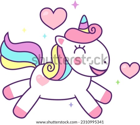 Cute unicorn running smiling Pony child girly doodle. Kawaii vector animal horn horse fairytale illustration. Sparkles Hearts cute kawaii pastel