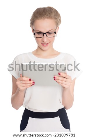 Smiling young business woman uses a tablet PC