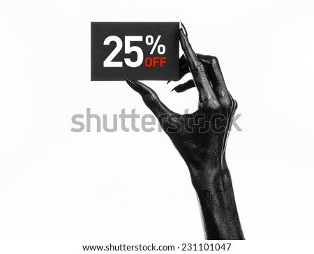 Hot sale topic: black hand holding a card with 25 % discount on white background