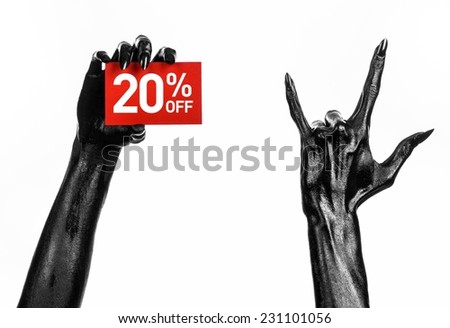 Hot sale topic: black hand holding a red card with 20 % discount on white background