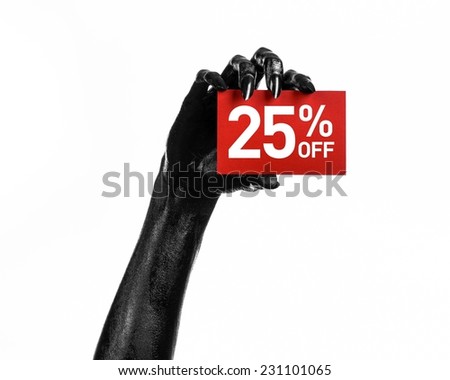 Hot sale topic: black hand holding a red card with 25 % discount on white background