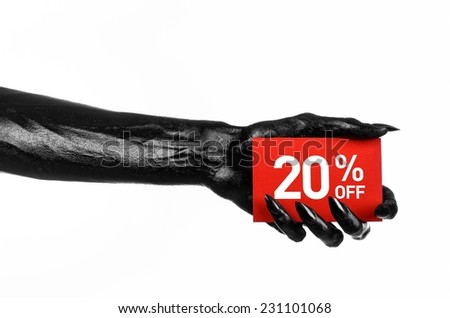 Hot sale topic: black hand holding a red card with 20 % discount on white background