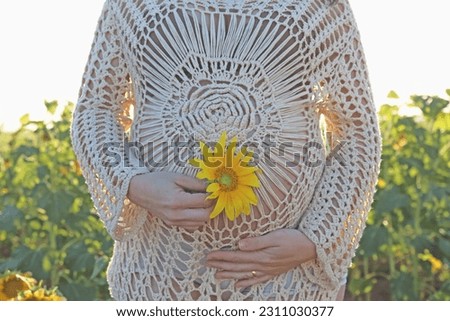 
pregnant woman holding sunflower in front of her belly