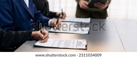 Panorama view of corporate executives sign joint business contract in boardroom, negotiating partnership agreement for collaboration. Professional agreement between big corporations. Prodigy