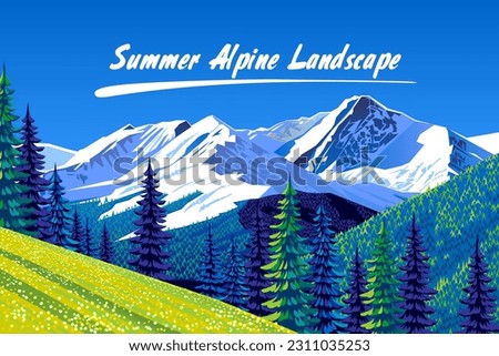 
Summer landscape with alpine meadow, forest and mountains in the background. Handmade drawing vector illustration. Royalty-Free Stock Photo #2311035253