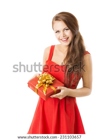 Woman Present Gift Box, Girl In Red Dress Celebrate Birthday or New Year Holiday, Isolated Over White Background