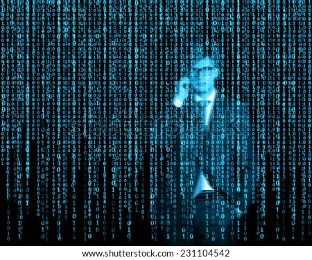 Hologram of businessman who is appeared through the matrix background 