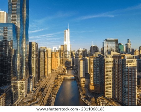 Cityscape of Chicago Riverwalk at Dusable bridge over Michigan river , Chicago city, USA Royalty-Free Stock Photo #2311068163