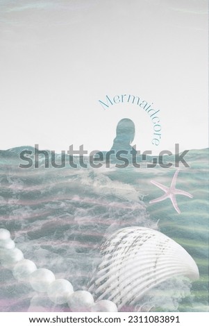 Mermaidcore aesthetics. Mermaid in the sea. Mermaid silhouette, sea star on wavy sea background with seashell and pearls. Holographic background. Vintage background