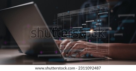 management, analysis, chart, dashboard, progress, planning, task, schedule, growth, team. typing keyboard to plan management analysis schedule as team. dashboard planing for mindstone and set goal. Royalty-Free Stock Photo #2311092487