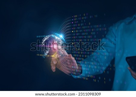 Data analytics and insights powered by big data and AI technologies. Data businessman analysing complex information with artificial intelligence for business analytics dashboard charts and metrics. Royalty-Free Stock Photo #2311098309