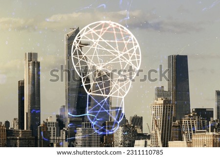 Abstract virtual light bulb hologram on Manhattan cityscape background, idea concept. Multiexposure