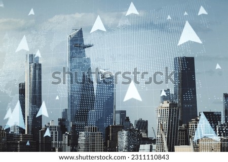 Abstract virtual geolocations map hologram on New York city skyline background. GPS tracking and navigation concept. Multiexposure