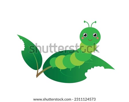 Cute caterpillar is eating leaves. Green caterpillar vector.
