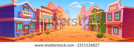 Wild west town street with old cowboy saloon building vector background. Cartoon western bank, store and hotel house in row near road in desert environment. Texas rural outdoor drawing illustration. Royalty-Free Stock Photo #2311126827