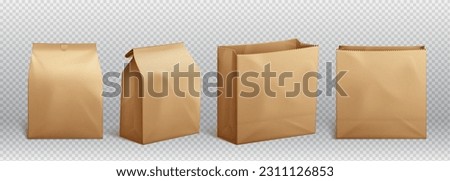 Brown paper lunch vector food craft box package vector mockup. Blank realistic isolated pack for take away breakfast or snack icon. Empty folded kraft grocery product container illustration set Royalty-Free Stock Photo #2311126853