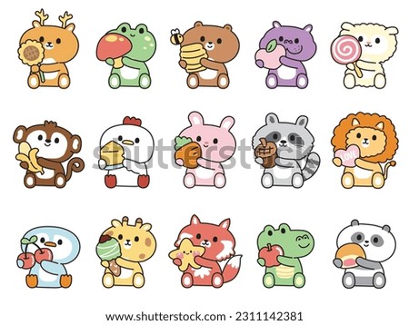 Set of cute animals sit and hold object cartoon.Wild and farm animals character design collection.Fruit,food,heart,candy hand drawn.Kawaii.Vector.Illustration.