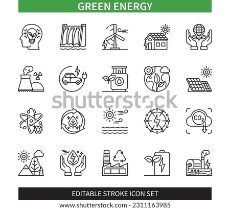 Editable line Green energy outline icon set. Nuclear power plant, Solar energy, Wind turbine, Battery, Biogas, Geothermal energy. Editable stroke icons EPS