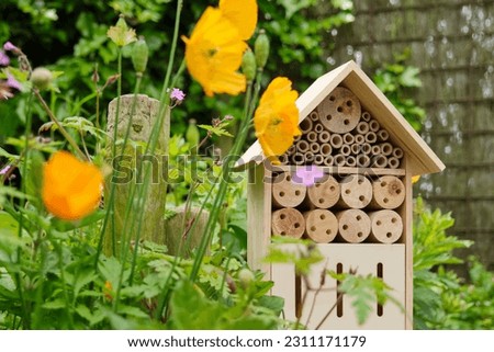 An insect hotel or bee hotel in a summer garden. An insect hotel is a manmade structure created to provide shelter for insects in a variety of shapes and sizes and materials.  Royalty-Free Stock Photo #2311171179