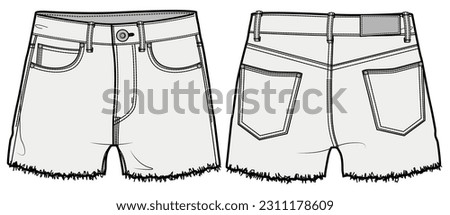 Denim Short with Raw Hem, Frayed Hem Denim Shorts Front and Back View. Fashion Illustration, Vector, CAD, Technical Drawing, Flat Drawing, Template, Mockup.	 Royalty-Free Stock Photo #2311178609