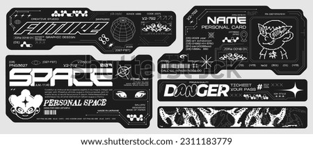 Futuristic y2k technology frame for design. HUD frames in Ski-Fi style, GUI, FUI.Modern cyber user interface elements. Pixel characters, system notifications Royalty-Free Stock Photo #2311183779
