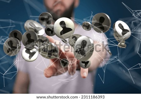 A businessman showing a 3D rendered network with user icons in cyberspace