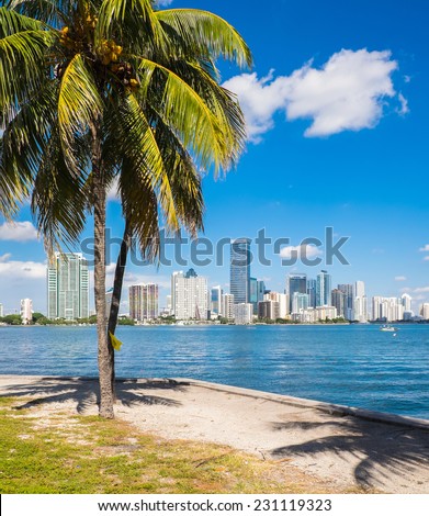 Beautiful Miami skyline along Biscayne Bay with tall Brickell Avenue condos and downtown office buildings.