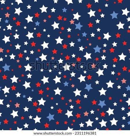 Patriotic colorful stars vector seamless pattern in red, blue, and white colors on blue background. 4th of July design. American Independence Day vector background. Royalty-Free Stock Photo #2311196381