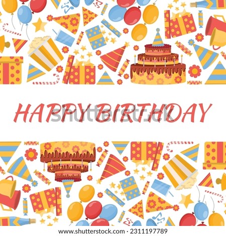 birthday, holidays, horizontal baner. cake, champagne, gifts, popcorn, balloons, caps, flags, candy. holiday vector flat items caroon.