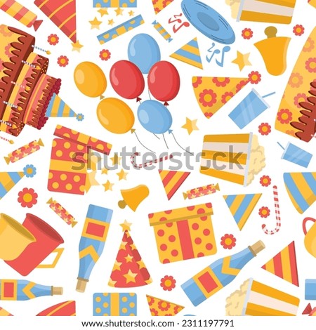 birthday, holidays, seamless pattern. cake, champagne, gifts, popcorn, balloons, caps, flags, candy. holiday vector flat items caroon.
