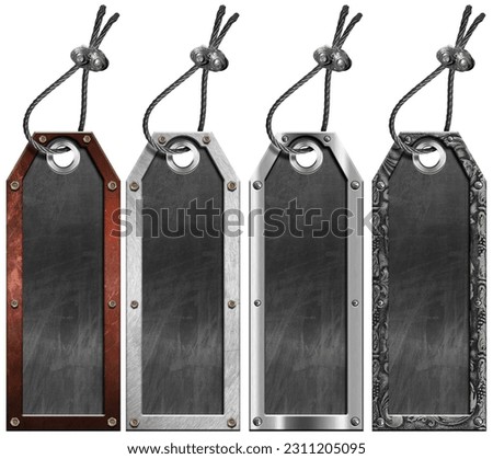 Collection of labels with metal frame, blank blackboard with copy space and steel cable for hanging. Isolated on white background. 3D illustration and photography.