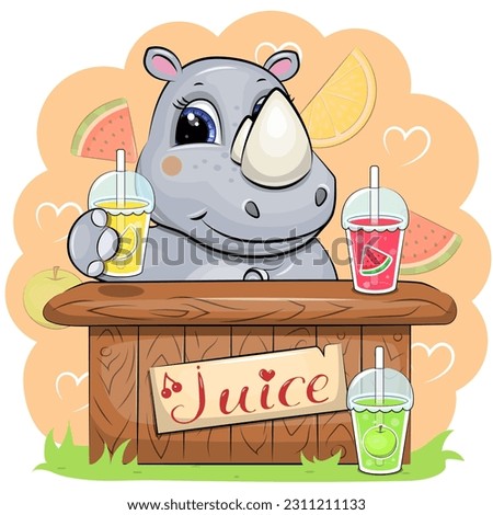 Cute cartoon rhinoceros sells juice. Vector illustration of an animal on an orange background.