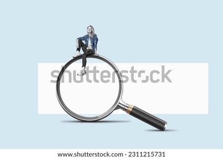 Attractive woman is sitting on a big magnifying glass. Art collage. Searching for information on the internet concept. Royalty-Free Stock Photo #2311215731