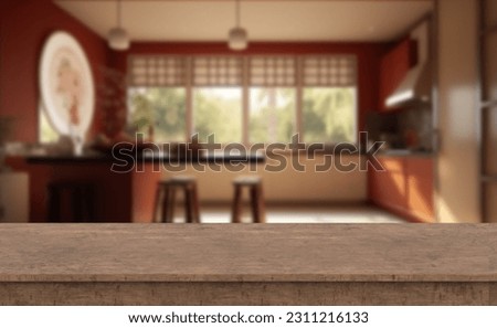 Wooden table top with blurry kitchen background of free space. Country style design kitchen with big windows and garden. 