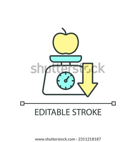 Weighing apple RGB color icon. Scales and downward arrow. Low weight. Groceries. Shadow inflation. Isolated vector illustration. Simple filled line drawing. Editable stroke. Arial font used