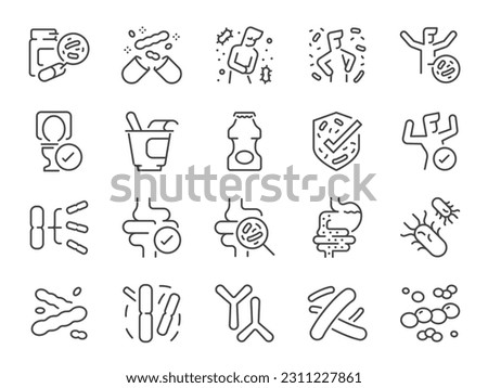 Probiotic icon set. It included prebiotic, microbiome, healthy, bacterial, lactobacillus, and more icons—editable stroke. Royalty-Free Stock Photo #2311227861