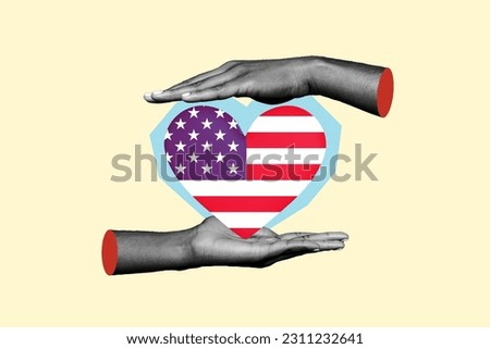Composite design collage illustration of hands hold american flag silhouette united states heart love country isolated on beige background