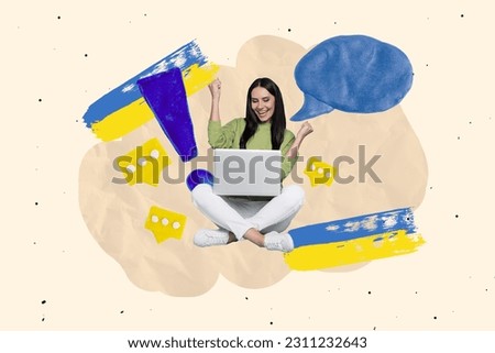 Photo cartoon comics sketch collage picture of excited lady getting victory message from ukraine isolated creative background