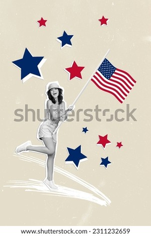 Vertical composite banner collage of excited citizenship migration girl proud country waving usa flag symbol isolated on stars background