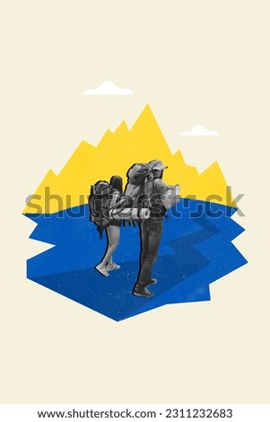Vertical collage picture of black white colors partners carry tourist backpack walking hiking ukrainian mountains isolated on drawing background