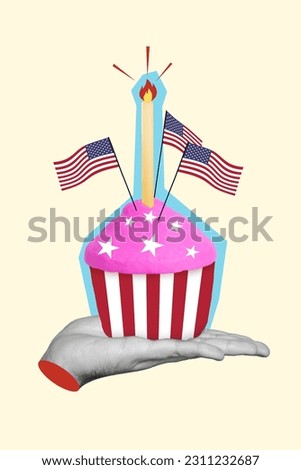 Vertical illustration object picture collage of hand holding sweet pink cake sparkle independence day america isolated on beige background