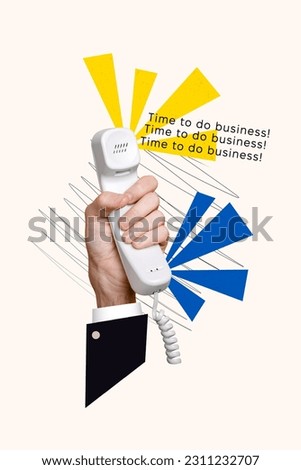 Vertical collage picture of business person arm hold retro cable telephone time to do business isolated on painted white background