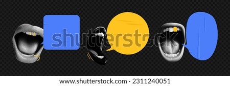 A set of  blue and yellow Speech Bubbles with collage-cut lips from a magazine. Retro elements for the design. Scream of a woman. Vector objects on transparent background as png. 