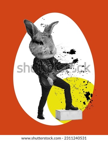 Rabbit head on male body playing guitar. Creative design on red background. Happy Easter. Concept of holidays, spring, celebration, family gathering. Copy space for ad, text. Design for card