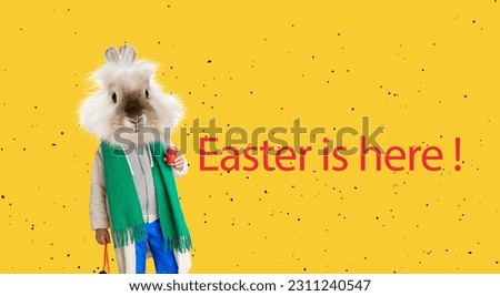 Coziness. Bunny head on human body in furry coat greeting with holiday. Creative design on yellow background. Happy Easter. Concept of celebration. Copy space for ad, text. Design for card